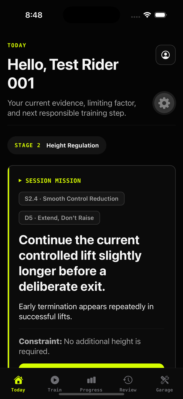Real Balance Point Today screen showing one responsible training objective and its constraint.